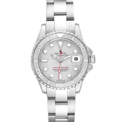 The Rolex Yacht-Master 169622 Women's Stainless Steel Silver Dial 169622 Women's Stainless Steel Silver Dial watch is shown from a front angle, displaying its dial, bezel, case, and part of the bracelet.