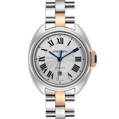 The image shows a front view of a Cartier Cle WSCL0004 Women's Steel and Gold (two tone) Blue Dial WSCL0004 Women's Steel and Gold (two tone) Blue Dial model watch, displaying the dial, bracelet, and bezel.