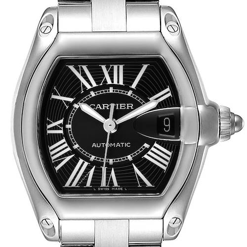 The image shows a Cartier Roadster W62041V3 Men's Stainless Steel Black Dial W62041V3 Men's Stainless Steel Black Dial watch from a front angle, displaying the dial, crown, and part of the bracelet.