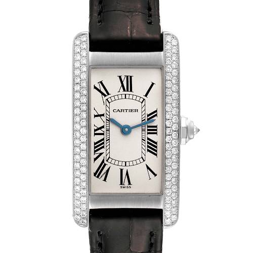 This is a frontal view of the Cartier Tank Americaine WB701851 Women's White Gold Silver Dial WB701851 Women's White Gold Silver Dial watch, displaying the rectangular face, Roman numerals, and leather strap.