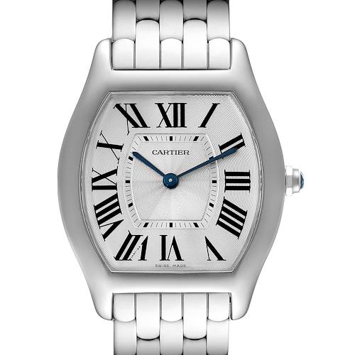 The image shows a close-up of the face and bezel of a Cartier Tortue 3701 Women's White Gold Silver Dial 3701 Women's White Gold Silver Dial model watch, displaying its Roman numerals and blue hands.
