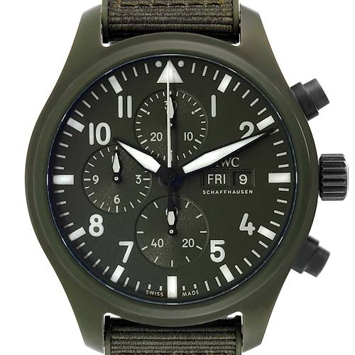 The image shows the face of an IWC Pilot IW389106 Men's Ceramic Green Dial IW389106 Men's Ceramic Green Dial model watch, displaying its chronograph dials, date, and day windows.