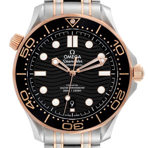 The image shows a front view of the Omega Seamaster 210.20.42.20.01.001 Men's Steel and Gold (two tone) Black Dial 210.20.42.20.01.001 Men's Steel and Gold (two tone) Black Dial watch, highlighting the dial, bezel, hands, and part of the bracelet.