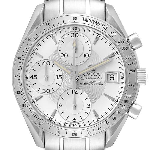The image shows a frontal view of an Omega Speedmaster 3211.30.00 Men's Stainless Steel Silver Dial 3211.30.00 Men's Stainless Steel Silver Dial watch, highlighting the face, chronograph subdials, and date window.