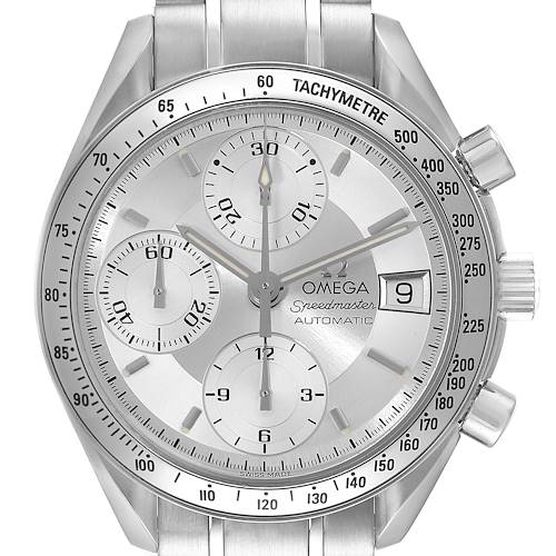 This image shows a front view of an Omega Speedmaster 3513.30.00 Men's Stainless Steel Silver Dial 3513.30.00 Men's Stainless Steel Silver Dial watch, featuring its face, dials, and part of the metal bracelet.