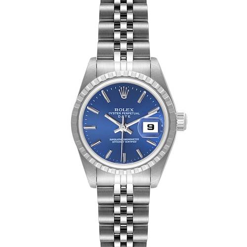 This image shows a Rolex Date 79240 Women's Stainless Steel Blue Dial 79240 Women's Stainless Steel Blue Dial model watch from the front, highlighting the blue dial, fluted bezel, and Jubilee bracelet.