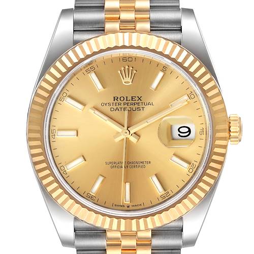 The image shows a front view of a Rolex Datejust 41 126333 Men's Steel and Gold (two tone) Champagne Dial 126333 Men's Steel and Gold (two tone) Champagne Dial watch, highlighting the dial, bezel, and bracelet.