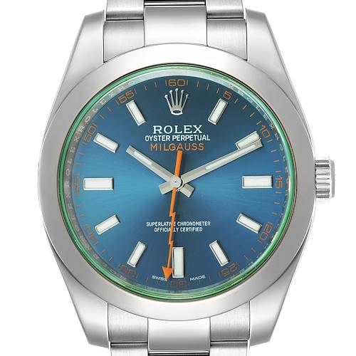 This image shows a Rolex Milgauss 116400GV Men's Stainless Steel Blue Dial 116400GV Men's Stainless Steel Blue Dial watch, featuring a blue dial, orange markers, and a stainless steel bracelet, viewed from the front.