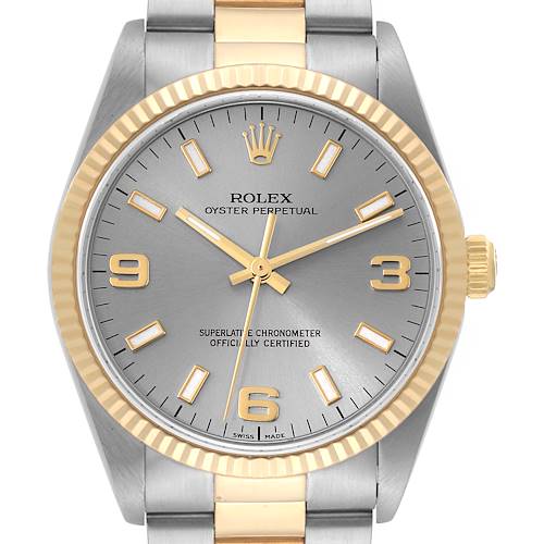 This image shows a front view of the Rolex Oyster Perpetual 14233 Men's Steel and Gold (two tone) Grey Dial 14233 Men's Steel and Gold (two tone) Grey Dial watch, highlighting the dial, crown, and part of the bracelet.