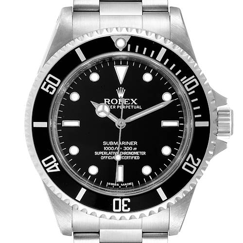 This image shows a front view of the Rolex Submariner 14060 Men's Stainless Steel Black Dial 14060 Men's Stainless Steel Black Dial watch, displaying the dial, bezel, hands, and part of the bracelet.