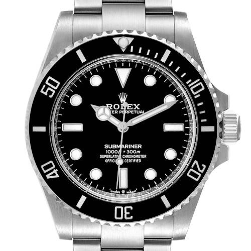 This is a front view of the Rolex Submariner 124060 Men's Stainless Steel Black Dial 124060 Men's Stainless Steel Black Dial watch, showing the face, hands, bezel, and part of the stainless steel bracelet.