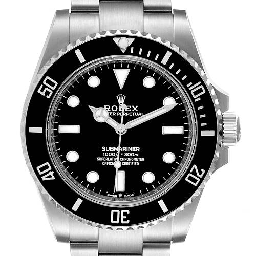 This image shows a frontal view of the Rolex Submariner 124060 Men's Stainless Steel Black Dial 124060 Men's Stainless Steel Black Dial watch, clearly displaying the dial, bezel, and crown.