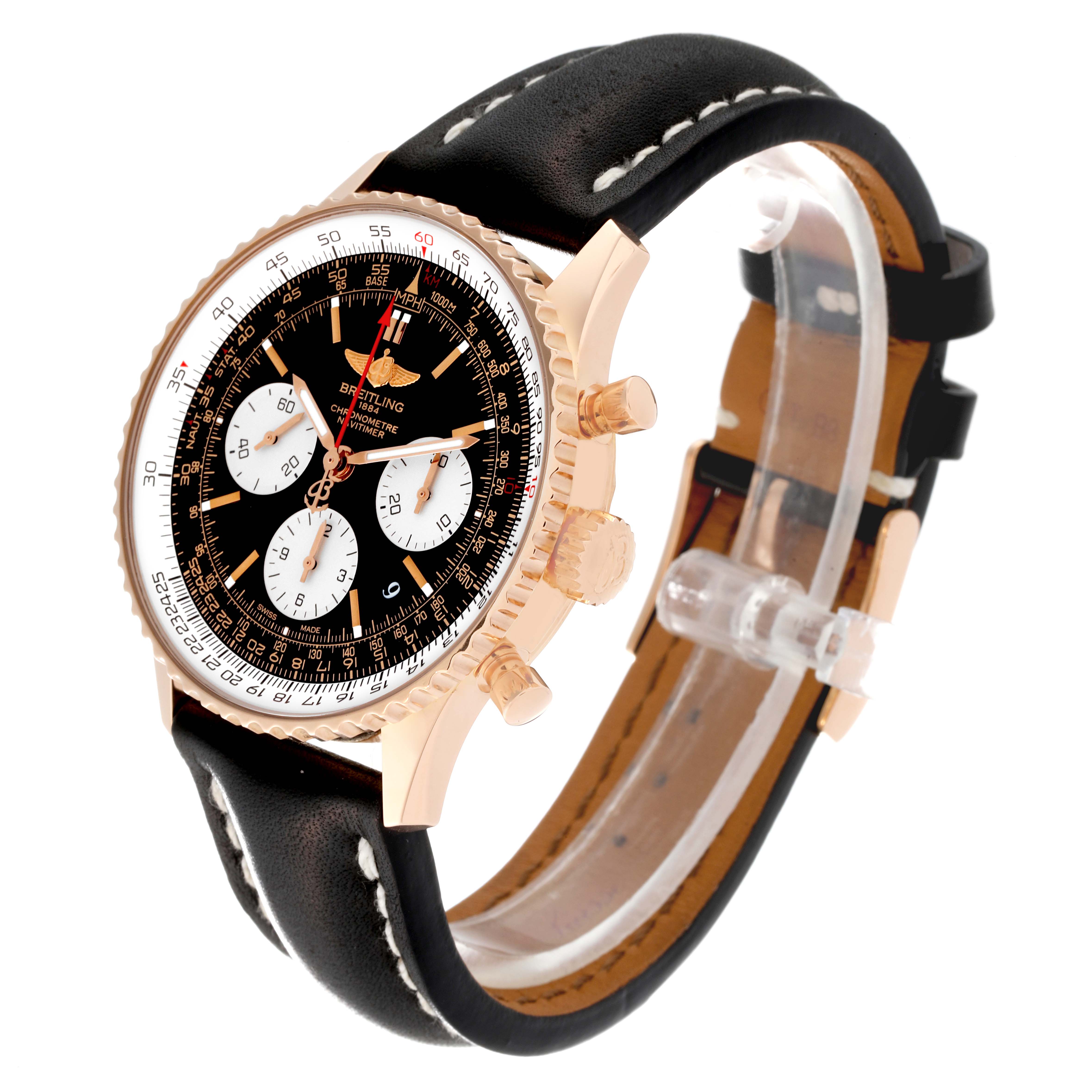 The image shows a side-angle view of a Breitling Navitimer RB0120 Men's Rose Gold Black Dial RB0120 Men's Rose Gold Black Dial watch, highlighting the face, bezel, crown, pushers, and leather strap.