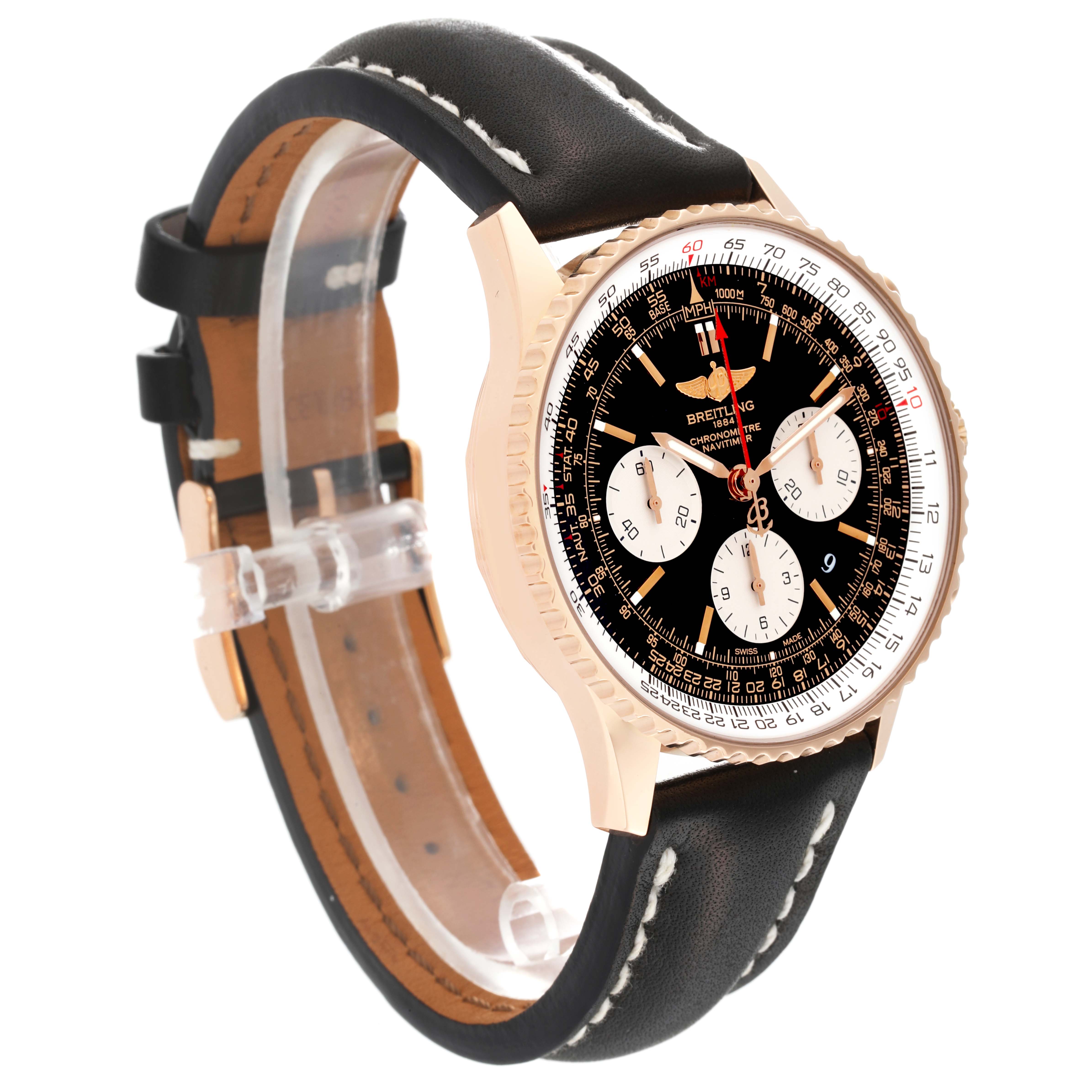 The image shows a Breitling Navitimer RB0120 Men's Rose Gold Black Dial RB0120 Men's Rose Gold Black Dial watch from a side angle, highlighting the black leather strap and detailed dial.