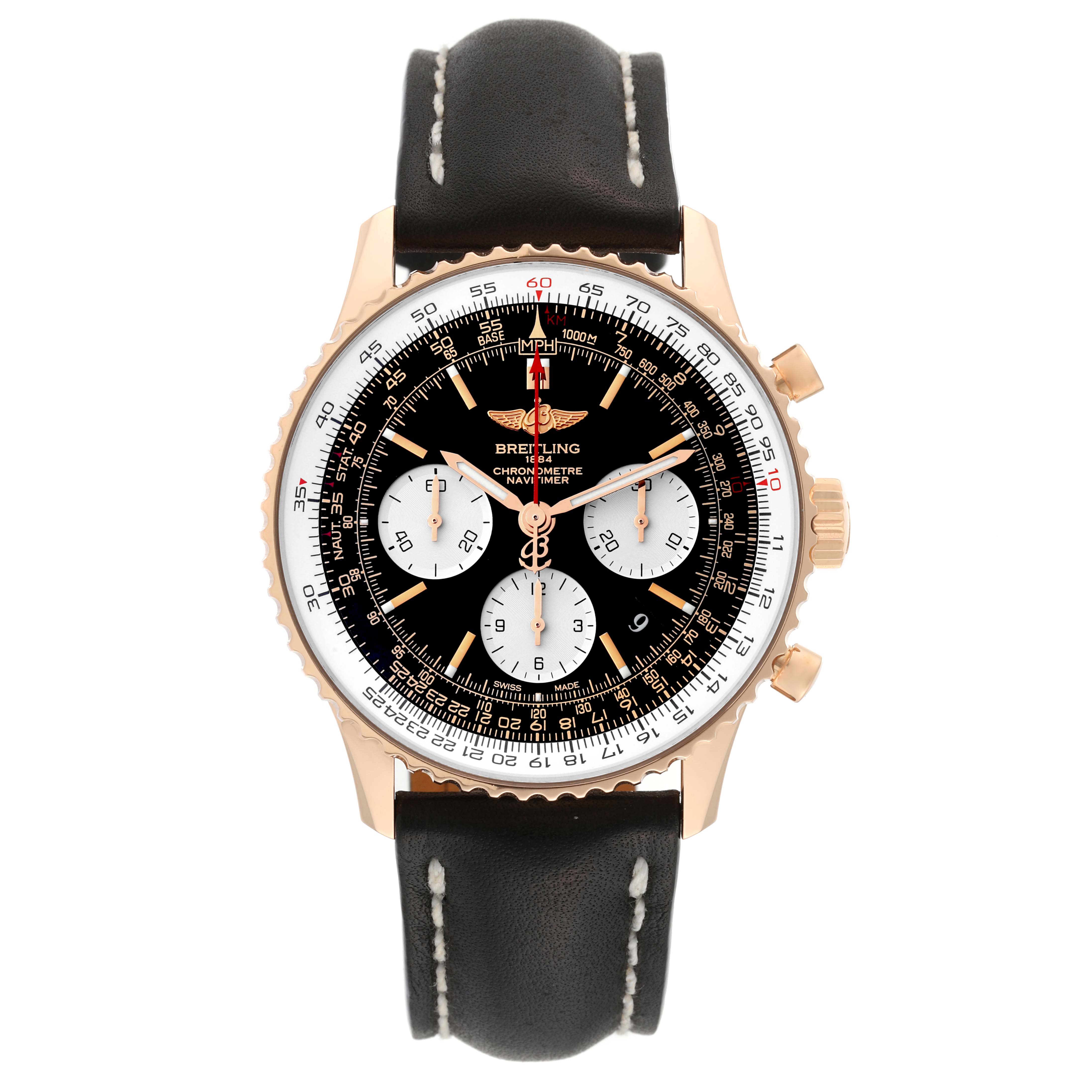 The Breitling Navitimer RB0120 Men's Rose Gold Black Dial RB0120 Men's Rose Gold Black Dial watch is shown from a front angle, highlighting the dial, bezel, and leather strap.