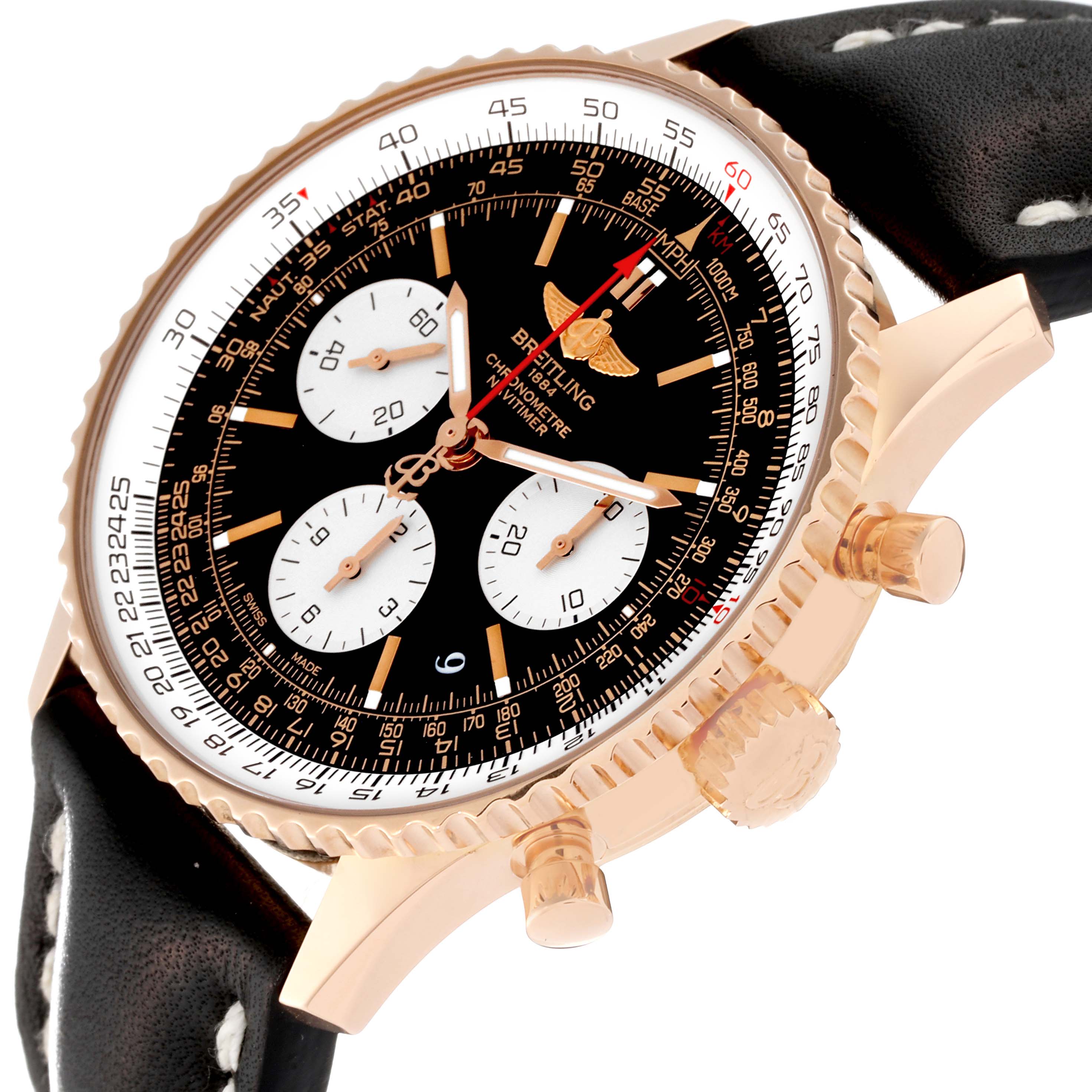 The image shows a side and partial front angle of the Breitling Navitimer RB0120 Men's Rose Gold Black Dial RB0120 Men's Rose Gold Black Dial model, highlighting its bezel, dial, and strap.