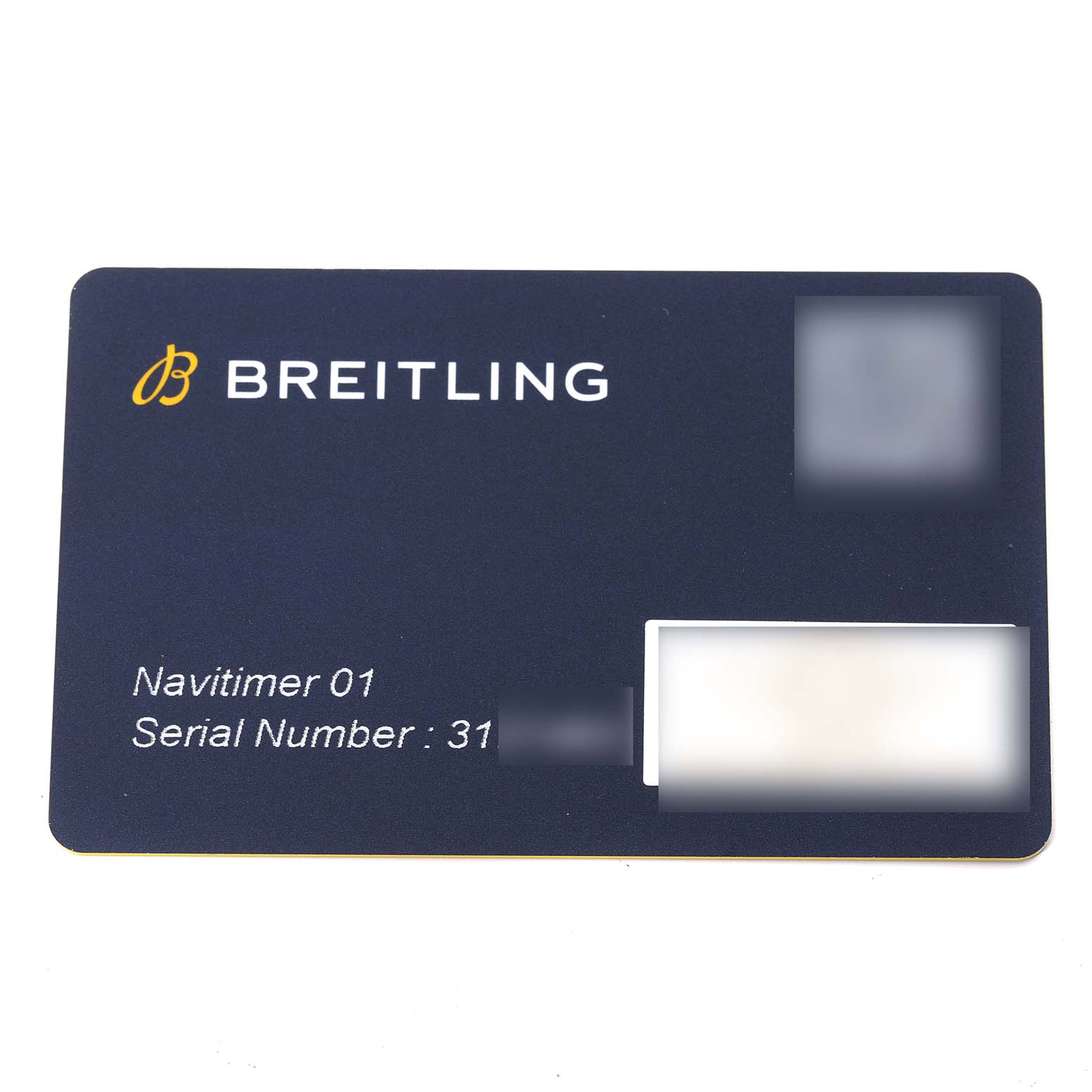 This image shows a warranty or authenticity card for the Breitling Navitimer RB0120 Men's Rose Gold Black Dial RB0120 Men's Rose Gold Black Dial 01 watch, capturing the brand and model details.