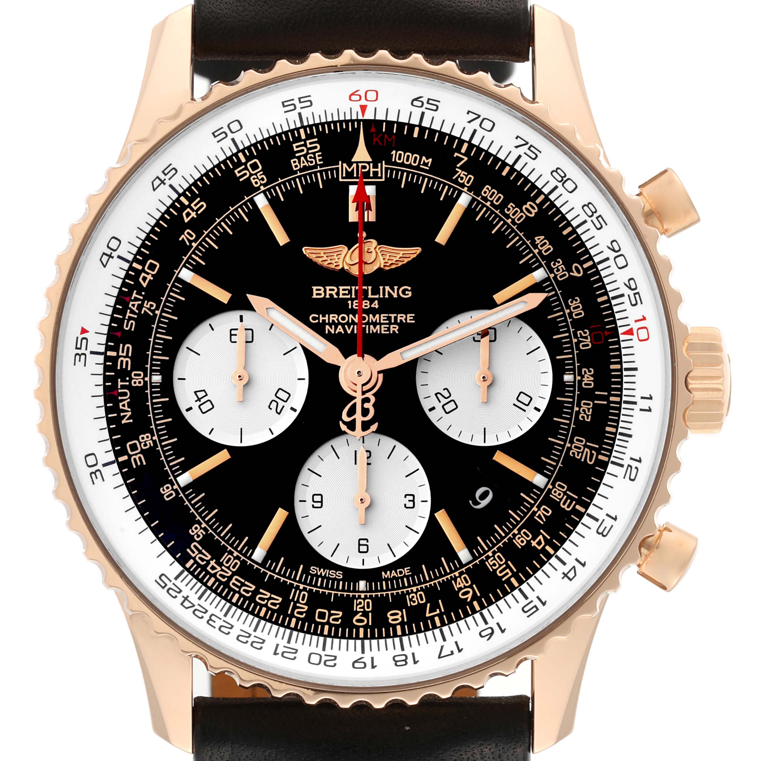 This image shows a front view of the Breitling Navitimer RB0120 Men's Rose Gold Black Dial RB0120 Men's Rose Gold Black Dial watch, highlighting the dial, chronograph sub-dials, bezel, and straps.