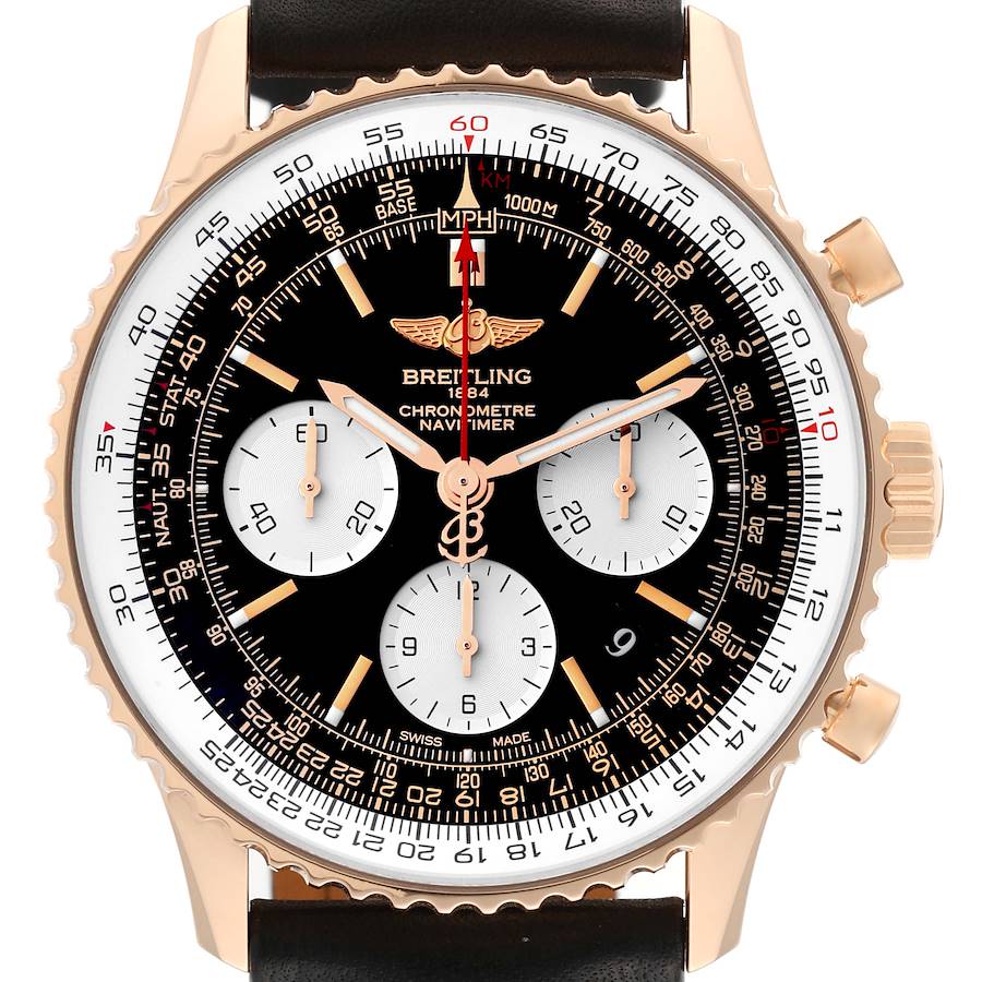 This image shows a front view of the Breitling Navitimer RB0120 Men's Rose Gold Black Dial RB0120 Men's Rose Gold Black Dial watch, highlighting the dial, chronograph sub-dials, bezel, and straps.