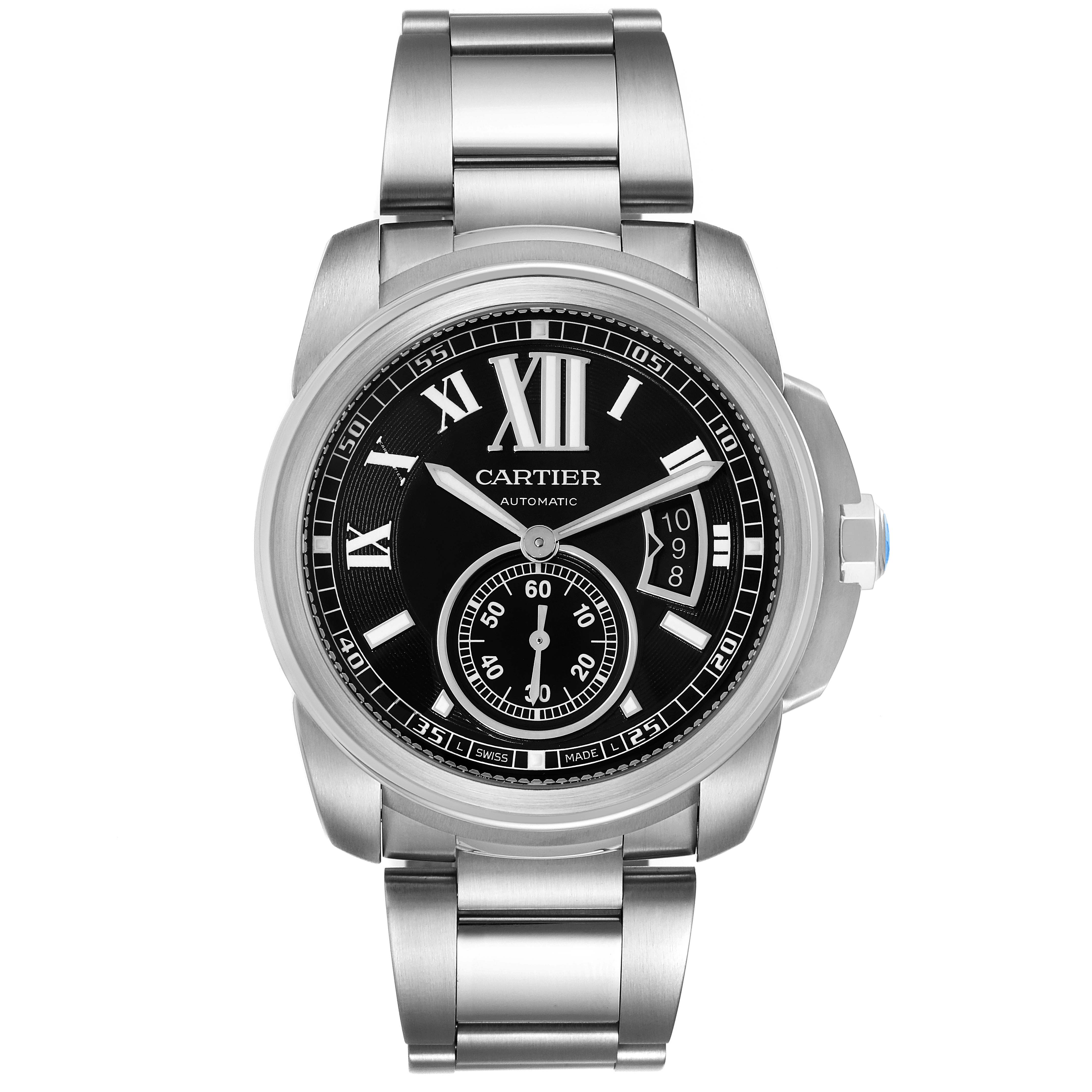 This image shows a front view of the Calibre de Cartier model by Cartier, displaying its face, bezel, and metal bracelet.