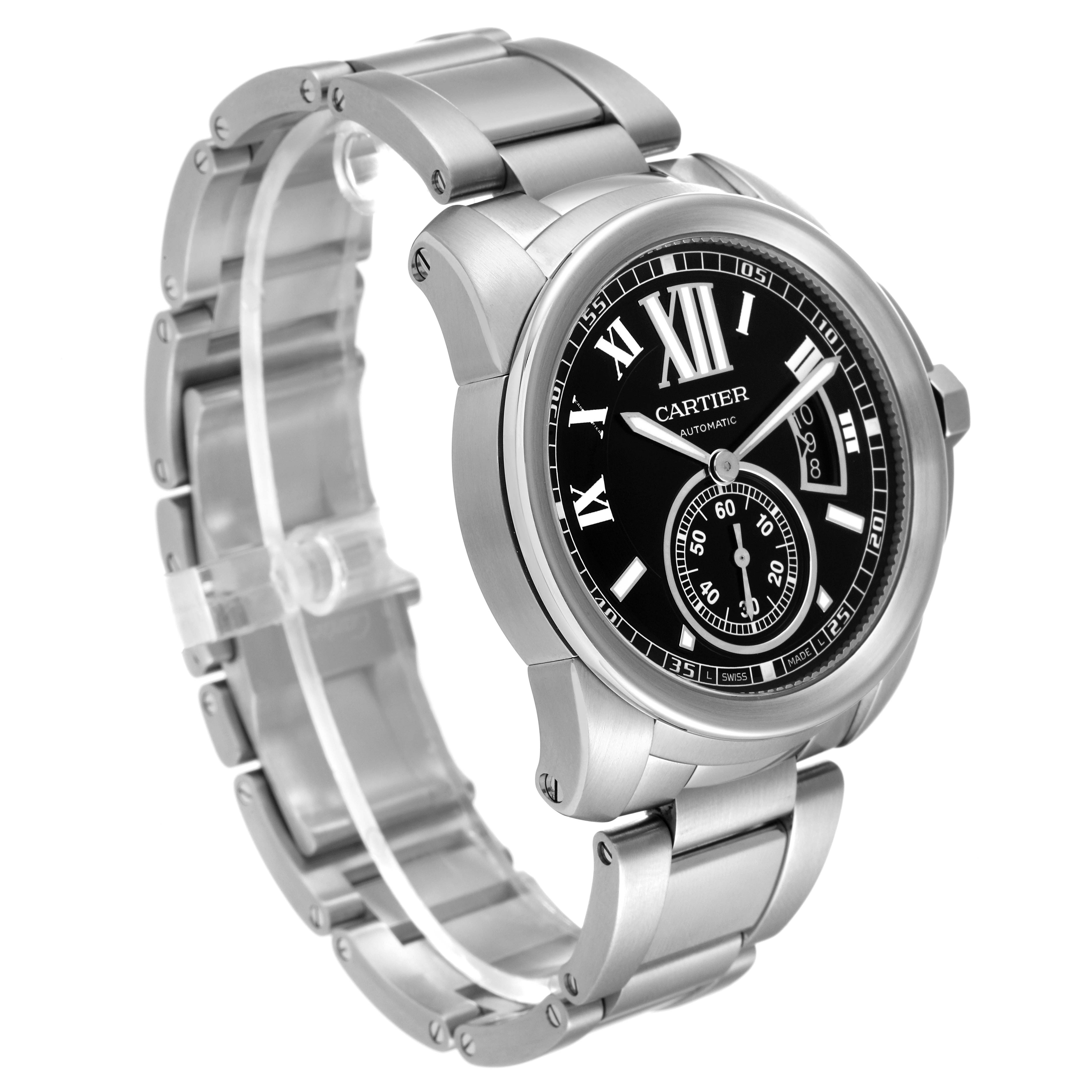 The Calibre de Cartier watch by Cartier is shown at a slight left-facing angle, displaying the dial, bezel, and metal bracelet.