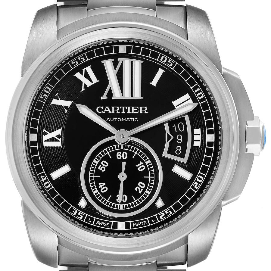 The image shows a frontal view of a Calibre de Cartier watch by Cartier, highlighting its dial, hands, and crown.