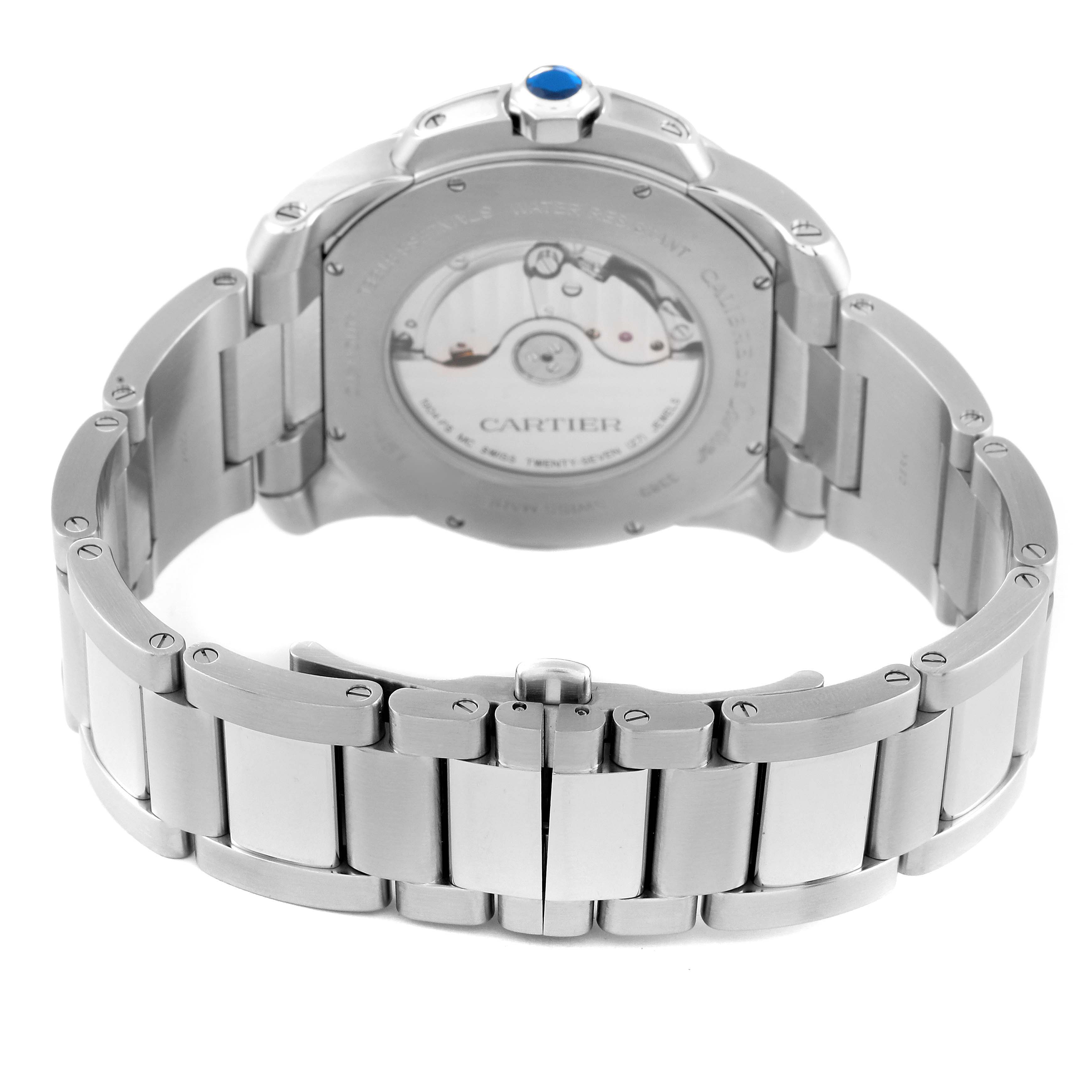 This image shows the back view of a Calibre de Cartier watch by Cartier, highlighting the bracelet and case back.