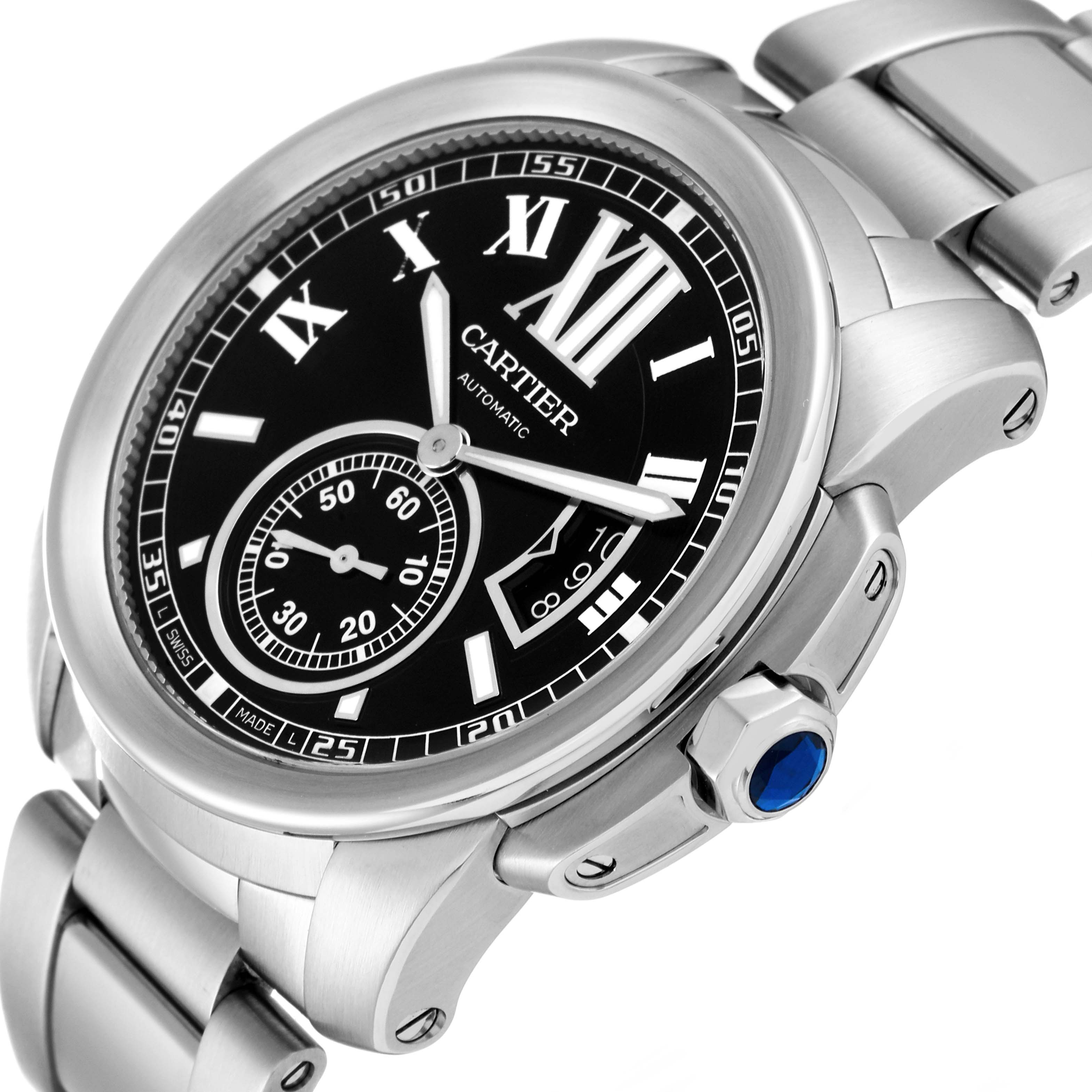 The image shows a close-up angle of the Calibre de Cartier watch by Cartier, highlighting the dial, bezel, and bracelet.