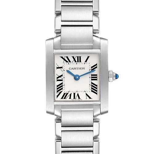 The image shows a front view of the Cartier Tank Francaise W51008Q3 Women's Stainless Steel Silver Dial W51008Q3 Women's Stainless Steel Silver Dial watch, highlighting its rectangular face, Roman numerals, and metal bracelet.
