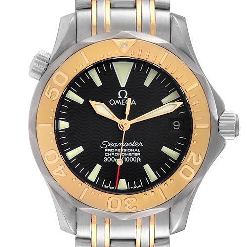 The image shows a front view of the Omega Seamaster 2453.50.00 Men's Steel and Gold (two tone) Black Dial 2453.50.00 Men's Steel and Gold (two tone) Black Dial watch, highlighting its bezel, dial, hands, and bracelet.