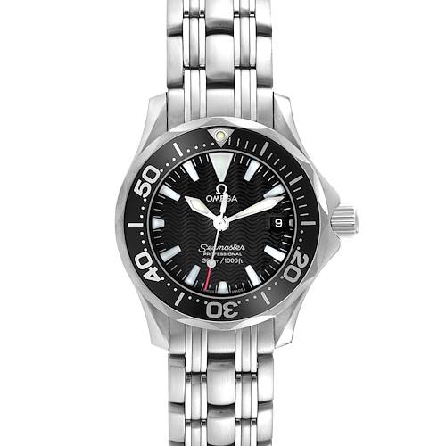 The image shows a front view of the Omega 2282.50.00 Women's Stainless Steel Black Dial 2282.50.00 Women's Stainless Steel Black Dial Seamaster Diver 300M Quartz 28mm Steel Ladies Watch, model 2282.50.00.