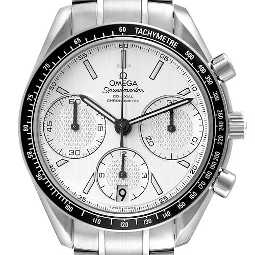 The image shows a front view of the Omega Speedmaster 326.30.40.50.02.001 Men's Stainless Steel Silver Dial 326.30.40.50.02.001 Men's Stainless Steel Silver Dial watch, highlighting its dial, subdials, bezel, and part of the bracelet.