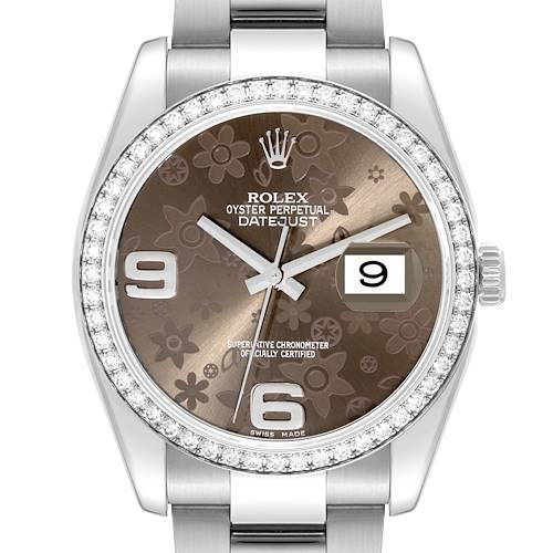 This image shows a front view of a Rolex Datejust 116244 Men's Stainless Steel Brown Dial 116244 Men's Stainless Steel Brown Dial watch, highlighting its dial, bezel, hands, crown, and part of the bracelet.