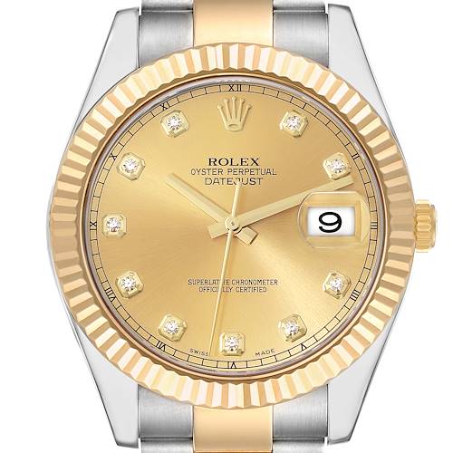 This image shows a front angle view of the Rolex Datejust 41 116333 Men's Steel and Gold (two tone) Champagne Dial 116333 Men's Steel and Gold (two tone) Champagne Dial watch, highlighting its gold dial, fluted bezel, and date feature.