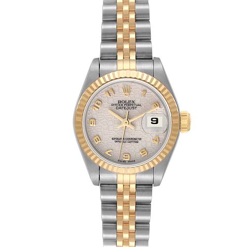 This Rolex Datejust 69173 Women's Steel and Gold (two tone) Beige Dial 69173 Women's Steel and Gold (two tone) Beige Dial watch is shown from a front angle, highlighting its dial, bezel, and two-tone bracelet.