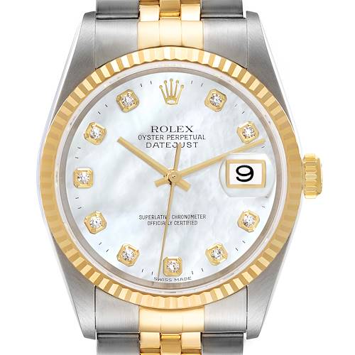 The image shows a frontal view of a Rolex Datejust 16233 Men's Steel and Gold (two tone) Mother of Pearl Dial 16233 Men's Steel and Gold (two tone) Mother of Pearl Dial watch, highlighting its face, bezel, and part of the bracelet.