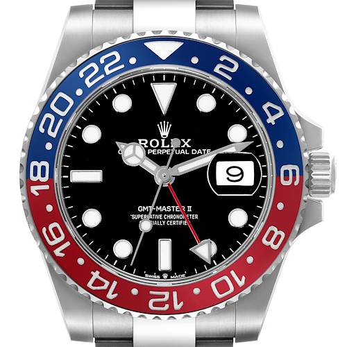 This image shows a front view of the Rolex GMT-Master 126710 Men's Stainless Steel Black Dial 126710 Men's Stainless Steel Black Dial II, highlighting the bezel, dial, hands, and date window.