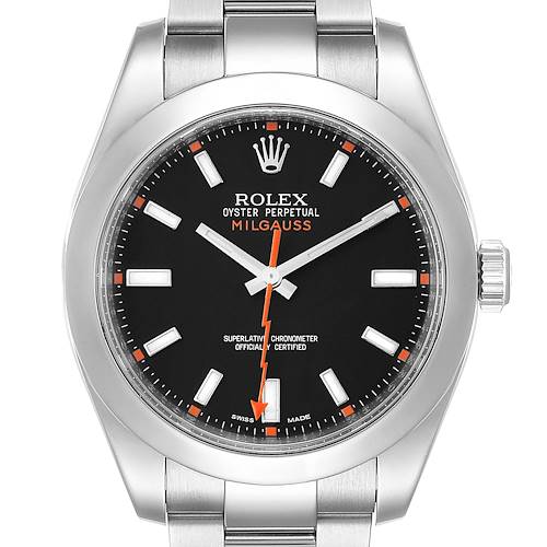 The image shows a front view of the Rolex Milgauss 116400 Men's Stainless Steel Black Dial 116400 Men's Stainless Steel Black Dial watch, highlighting the face, bezel, and bracelet.
