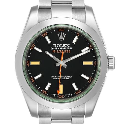 The image shows a front view of the Rolex Milgauss 116400GV Men's Stainless Steel Black Dial 116400GV Men's Stainless Steel Black Dial watch, highlighting the face, dial, and part of the bracelet.