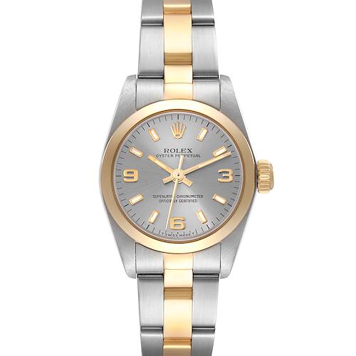 The image shows a front view of the Rolex Oyster Perpetual 67183 Women's Steel and Gold (two tone) Grey Dial 67183 Women's Steel and Gold (two tone) Grey Dial watch, featuring a two-tone bracelet and a gold bezel.