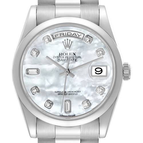 This image shows a frontal view of the Rolex President 118209 Men's White Gold Mother of Pearl Dial 118209 Men's White Gold Mother of Pearl Dial model, highlighting its dial, day-date feature, and bracelet.
