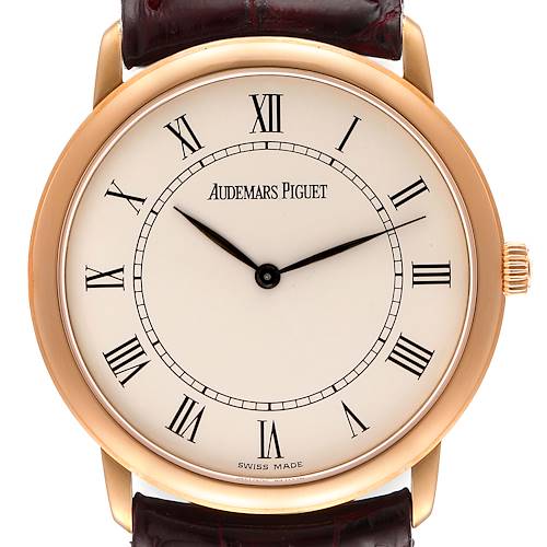 The image shows a front view of the Audemars Piguet Jules 148940R/0/0067CR/02 Men's Rose Gold Silver Dial 148940R/0/0067CR/02 Men's Rose Gold Silver Dial watch, displaying its face, Roman numerals, and crown.