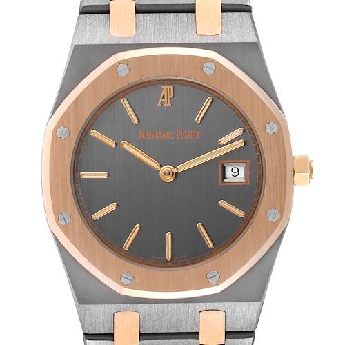 This image shows the front face of the Audemars Piguet Royal Oak 56175TR-OO-0789TR-01 Men's Steel and Gold (two tone) Black Dial 56175TR-OO-0789TR-01 Men's Steel and Gold (two tone) Black Dial watch, highlighting the dial, bezel, and part of the bracelet.