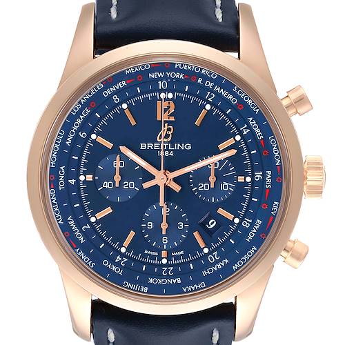 The Breitling Transocean RB0510 Men's Rose Gold Blue Dial RB0510 Men's Rose Gold Blue Dial watch is shown from the front, displaying the dial, hands, chronograph subdials, and part of the strap.