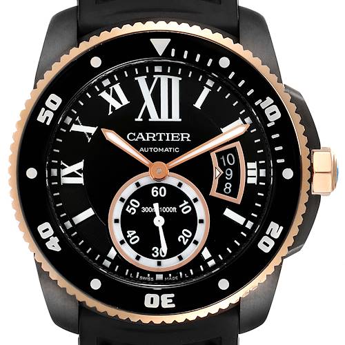 The image shows a front view of the Calibre de Cartier watch by Cartier, highlighting the dial and bezel details.