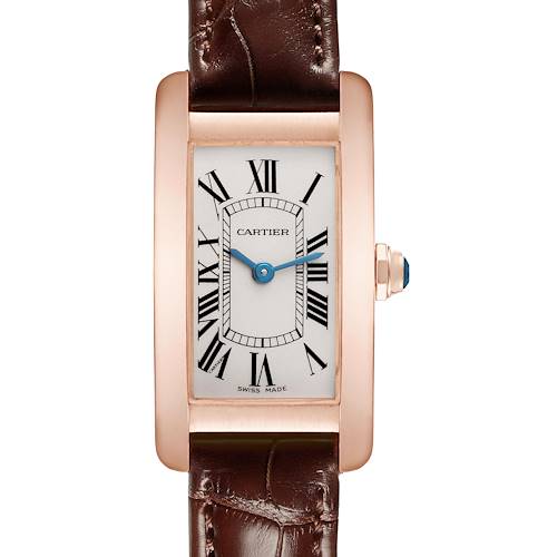 The Cartier Tank Americaine W2607456 Women's Rose Gold Silver Dial W2607456 Women's Rose Gold Silver Dial watch is shown from a front angle, highlighting the rectangular face, Roman numerals, and brown leather strap.