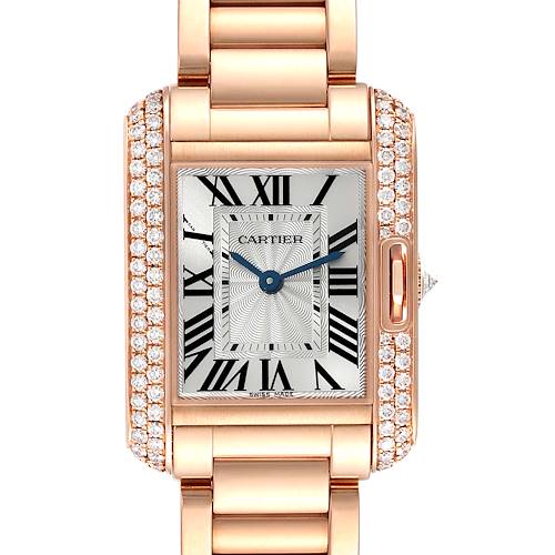 This image shows a front-facing view of the Cartier Tank Anglaise WT100002 Women's Rose Gold Silver Dial WT100002 Women's Rose Gold Silver Dial watch, highlighting its rectangular face, link bracelet, and diamond detailing.