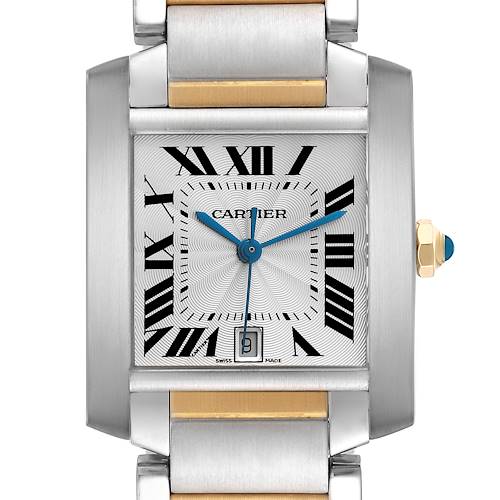 The Cartier Tank Française is shown from the front, highlighting its rectangular dial, Roman numerals, blue hands, and bracelet.