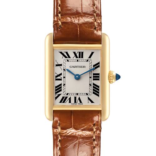 The Cartier Tank Louis W1529856 Women's Yellow Gold Silver Dial W1529856 Women's Yellow Gold Silver Dial watch is shown from the front, highlighting its rectangular case, Roman numerals, and brown leather strap.
