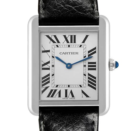 The Cartier Tank Solo WSTA0028 Men's Stainless Steel Silver Dial WSTA0028 Men's Stainless Steel Silver Dial watch is shown front-facing, highlighting its dial, Roman numerals, and leather strap.
